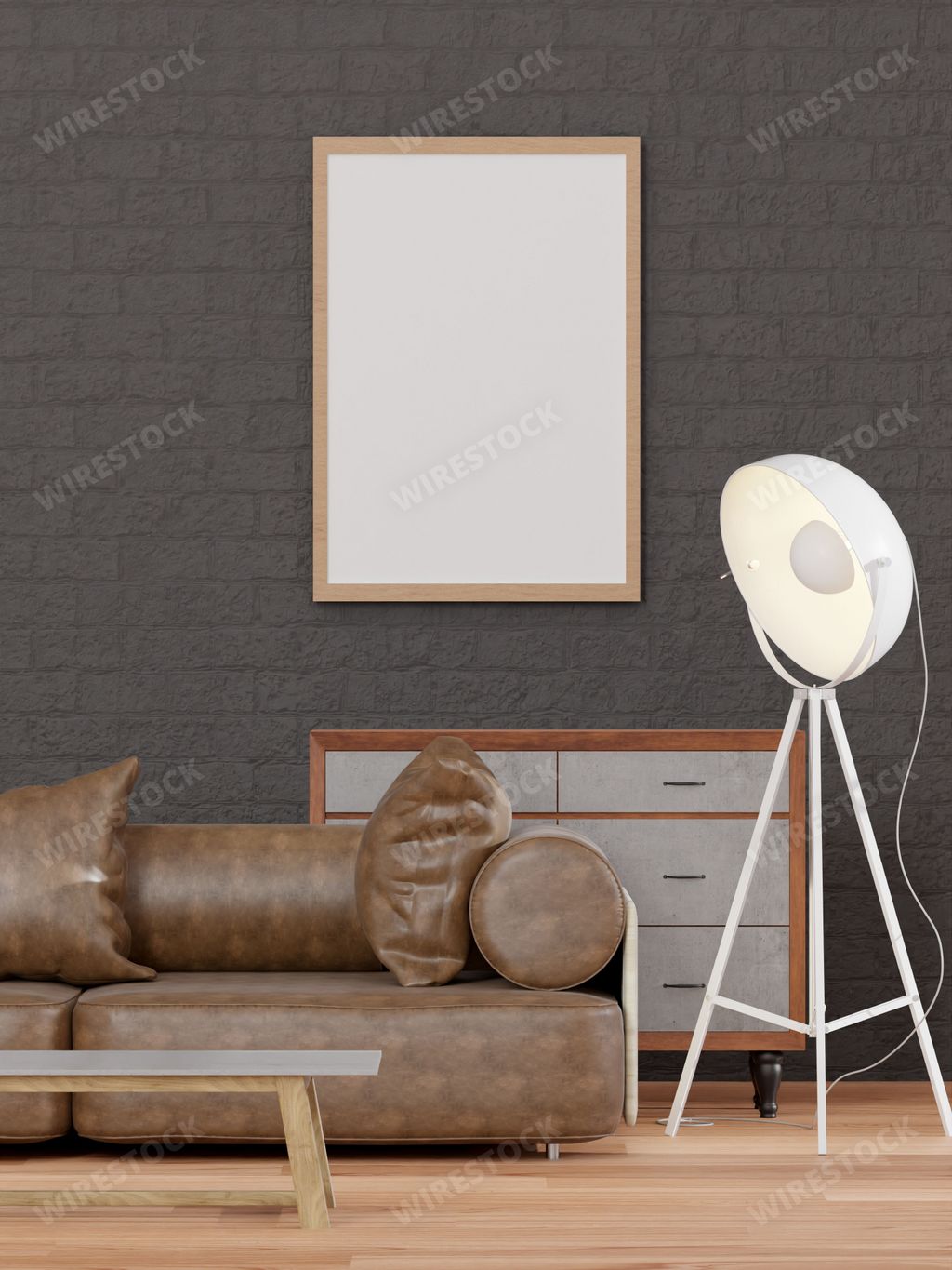 A 3D rendering of a loft style living room and black brick wall with a concrete cabinet and a mock up frame