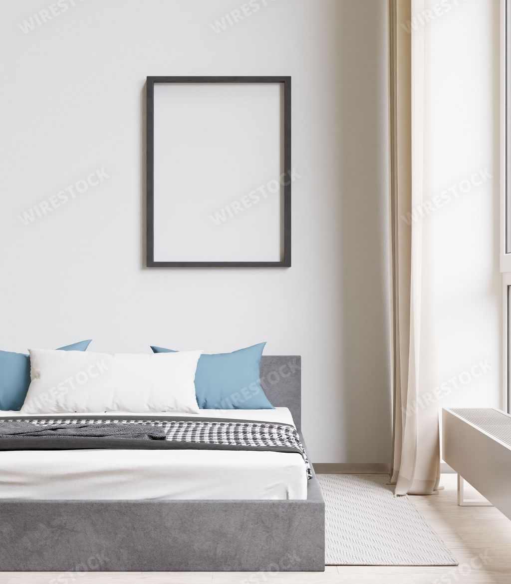 A 3D rendering of a comfortable bedroom with a king-size bed and an empty frame on the wall