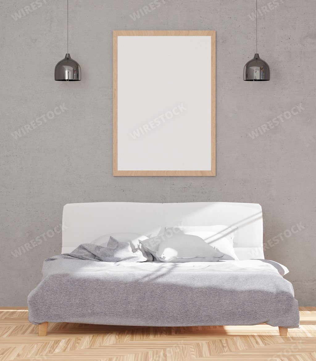 A 3d rendering of a loft-style bedroom with a concrete wall, a bed and a mock-up frame.