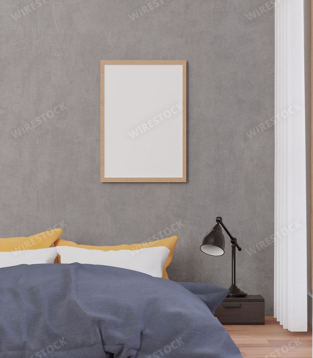 A 3D rendering of a Loft style bedroom and concrete wall with a mock up frame