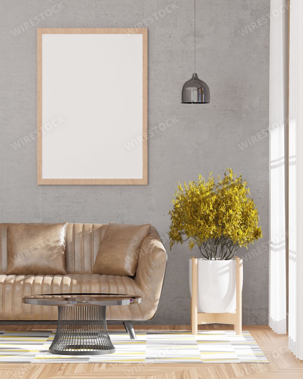 A 3d rendering of a loft-style living room with a concrete wall, sofa,  mockup frame, and plants.