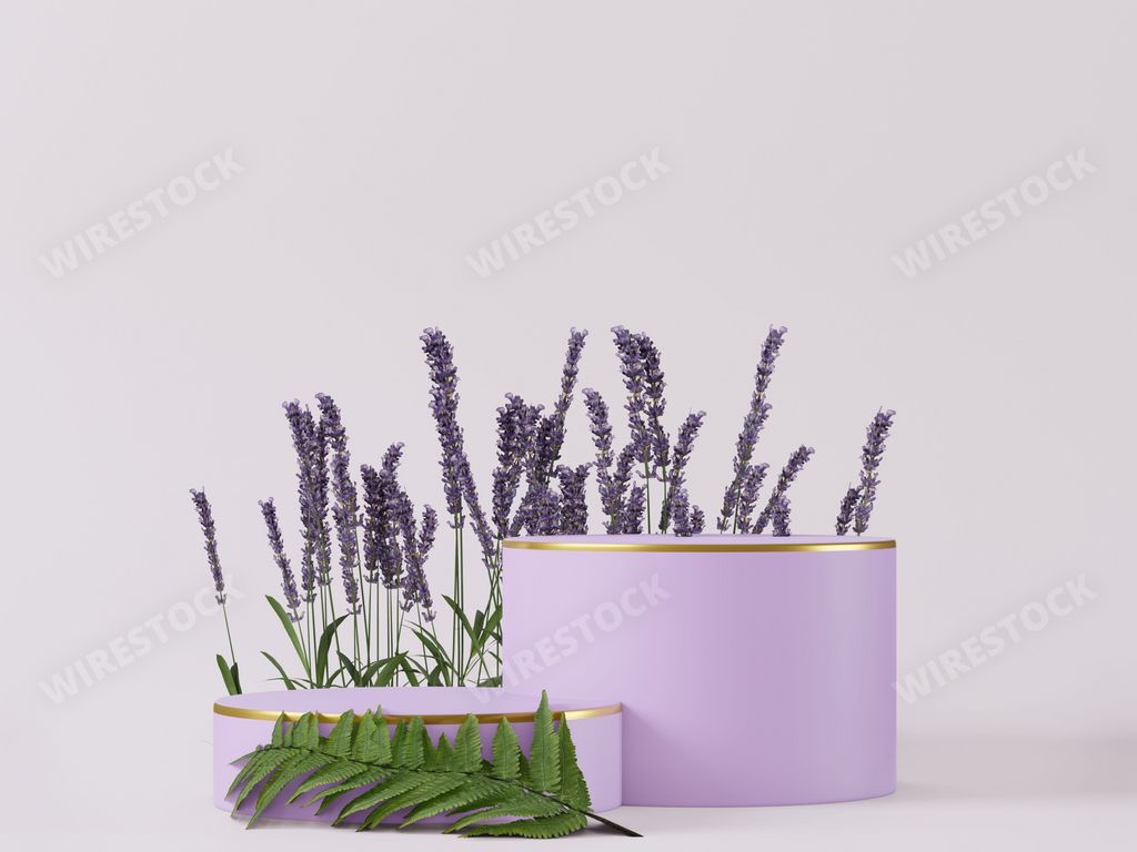 A 3D rendering of a cosmetic purple podium background for product presentation