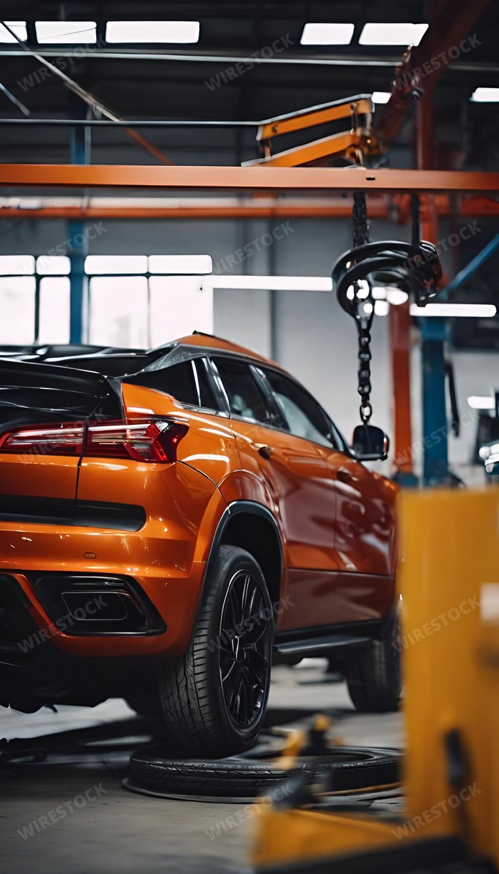 An AI generated illustration of A sleek BMW SUV in an eye-catching orange hue sits on a raised platform in a modern garage