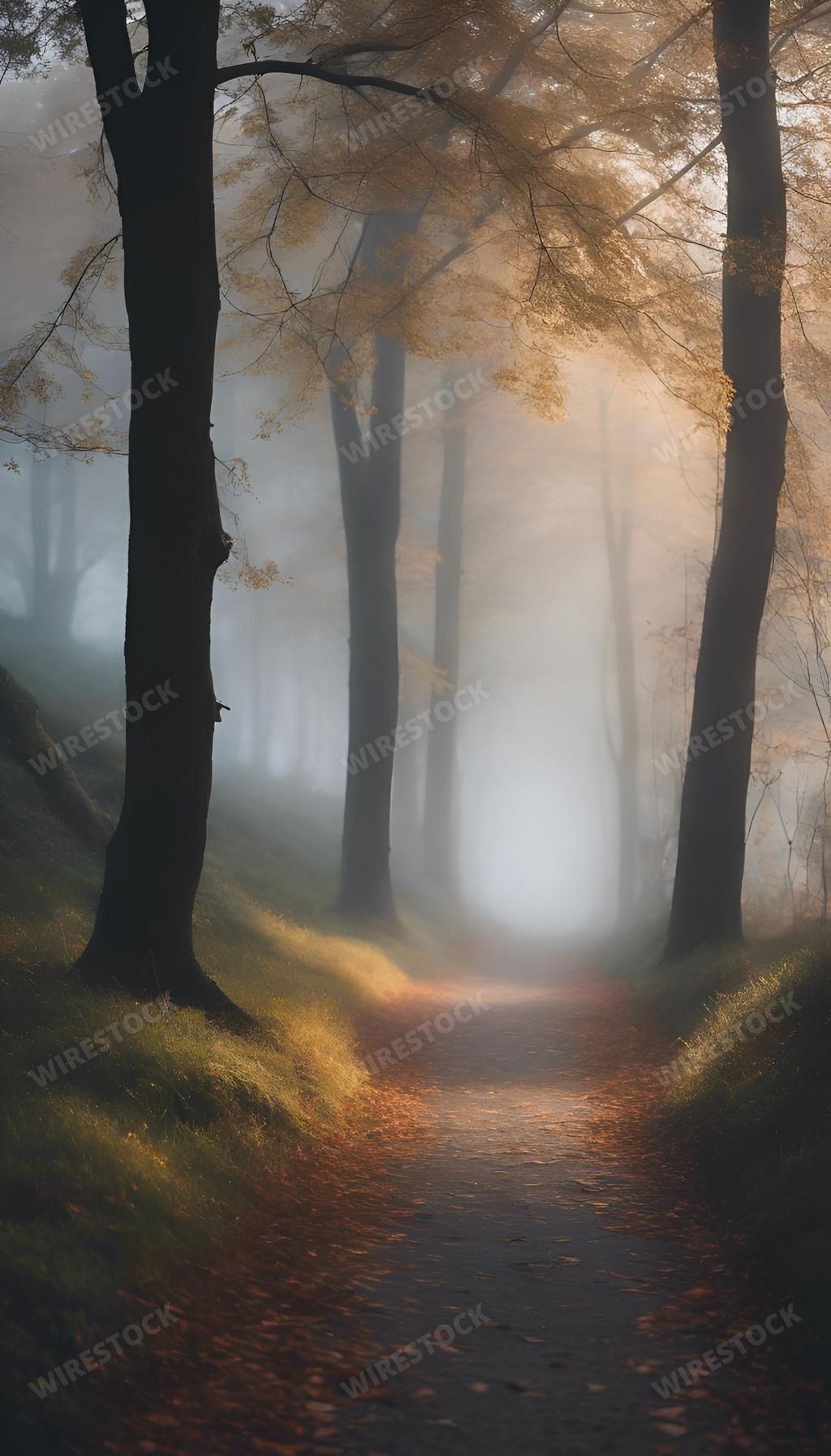 An AI generated illustration of A winding path is visible in the foreground, with a backdrop of foggy trees in the distance