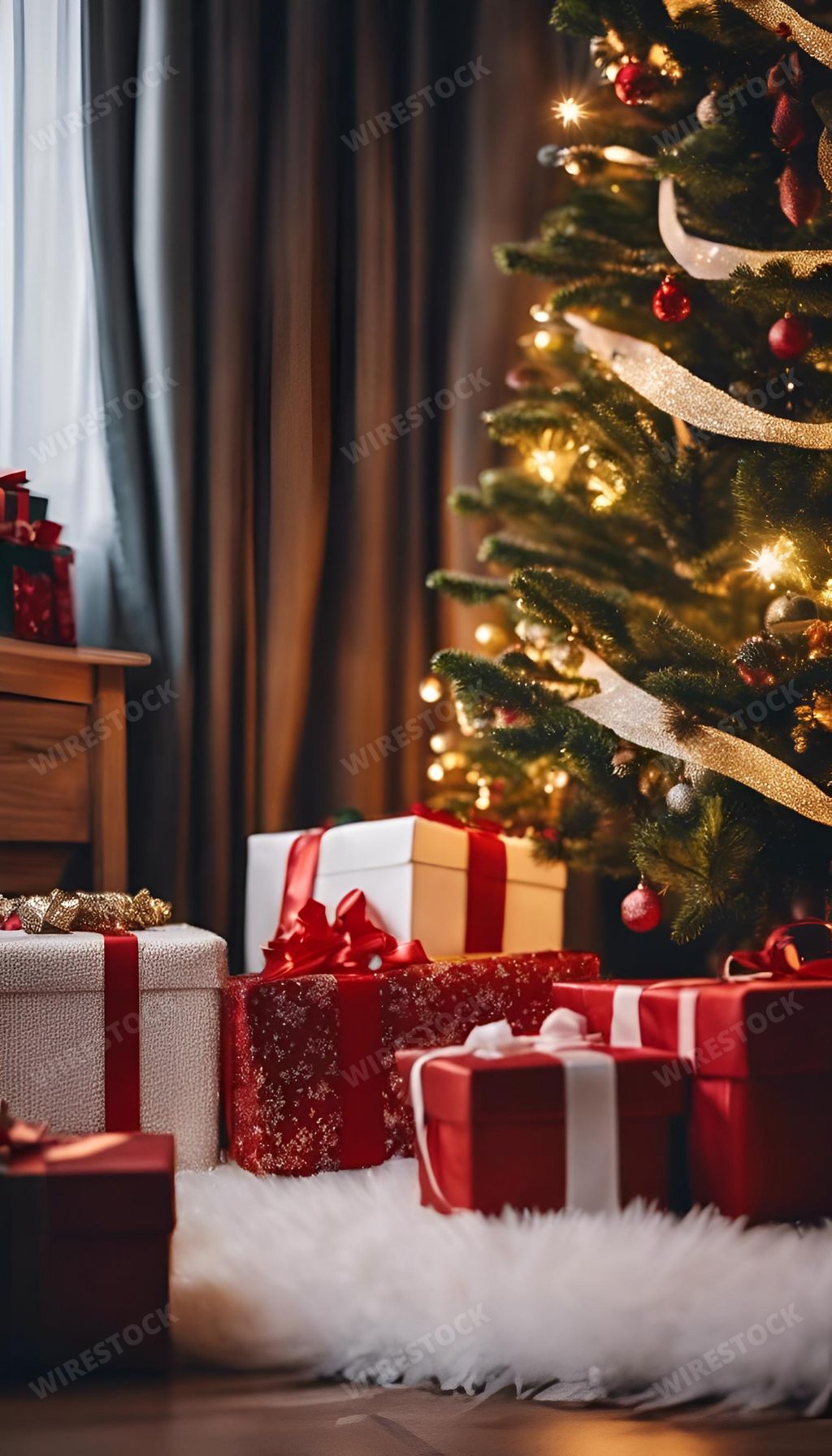 An AI generated illustration of An idyllic Christmas scene featuring a decorated tree with a multitude of festive presents gathered around its base