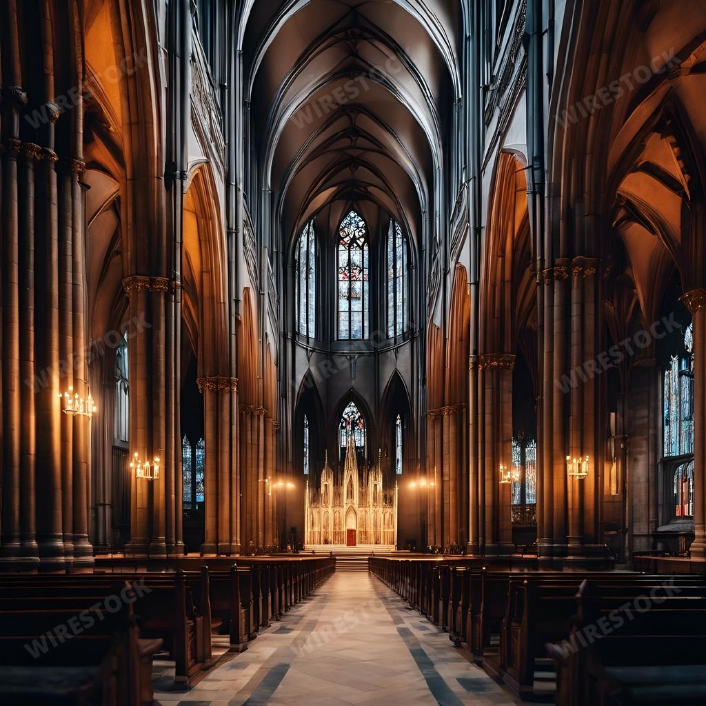 An AI generated illustration of an interior view of a grand cathedral, featuring ornate wooden pews and a stunning display of stained glass windows