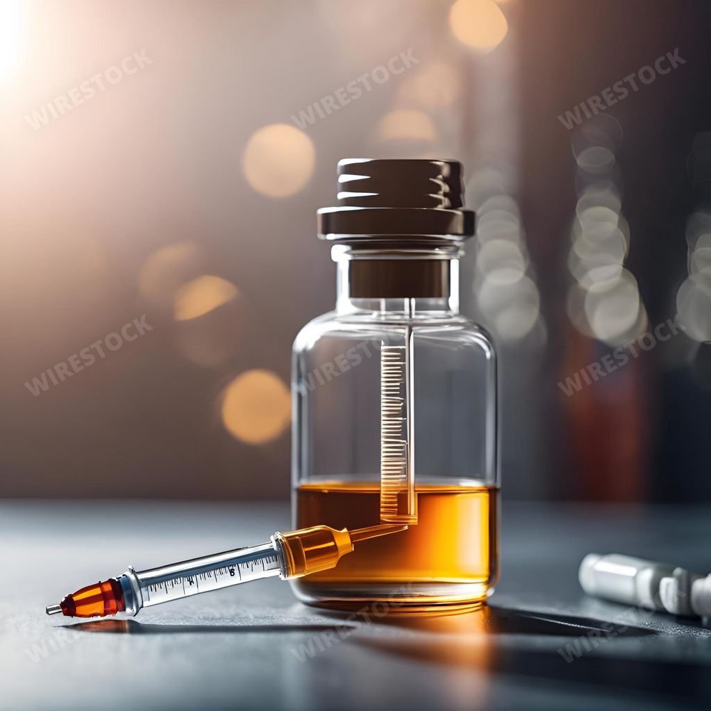 An AI generated illustration of A close-up of a medical vial and syringe placed on a flat surface