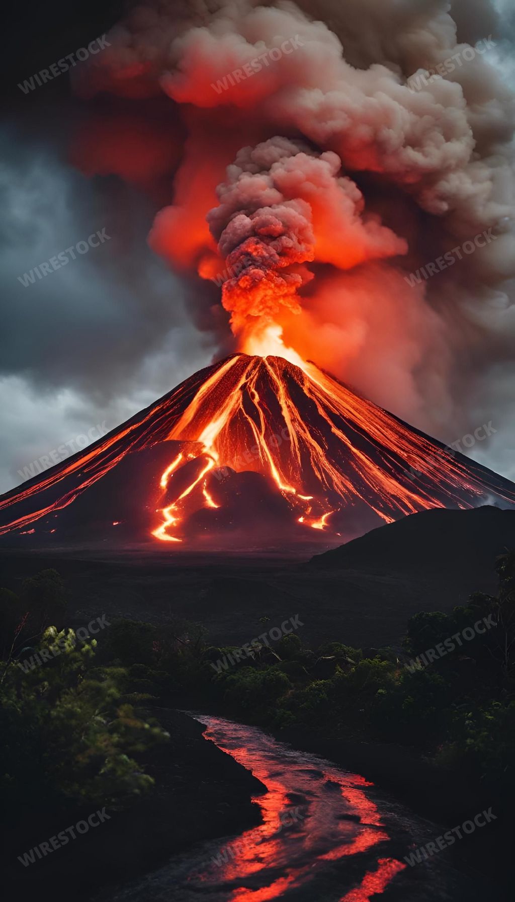 An AI generated illustration of an aerial view of an active volcano spewing out molten lava from its summit