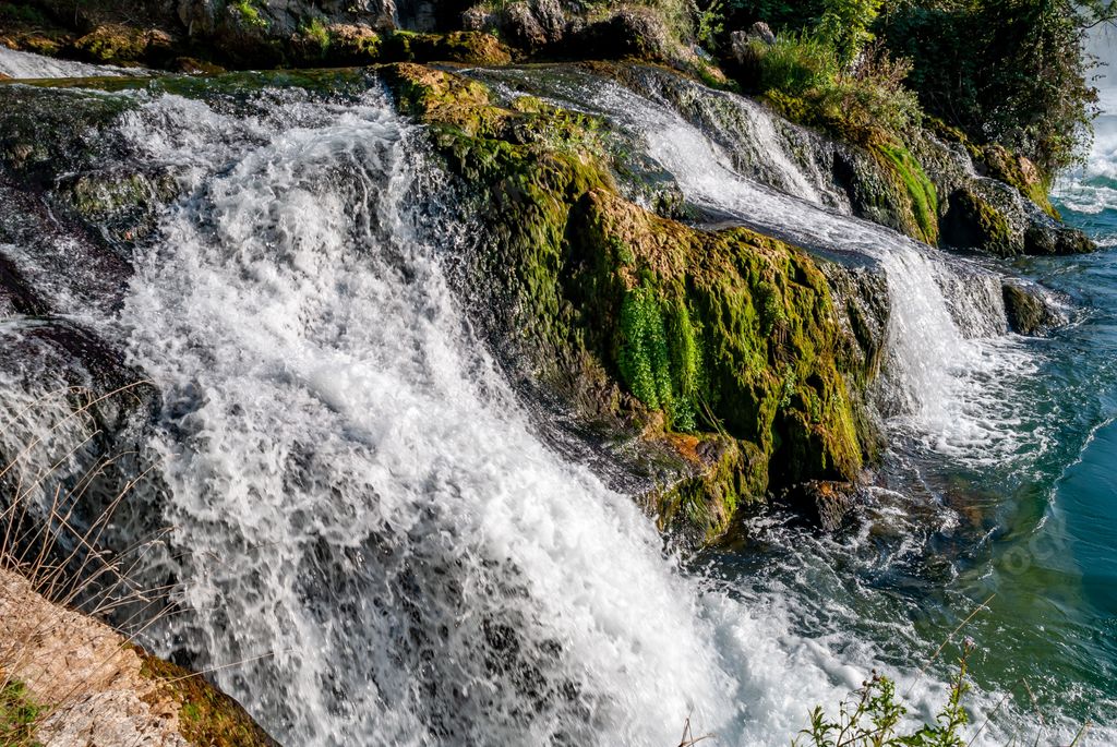 A natural view of the Rheinfall Waterfall in Schaffhausen, Switzerland