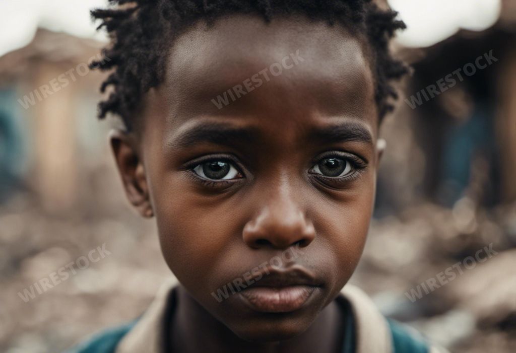 An AI generated illustration of An African child in a city street, surrounded by rubbish and debris