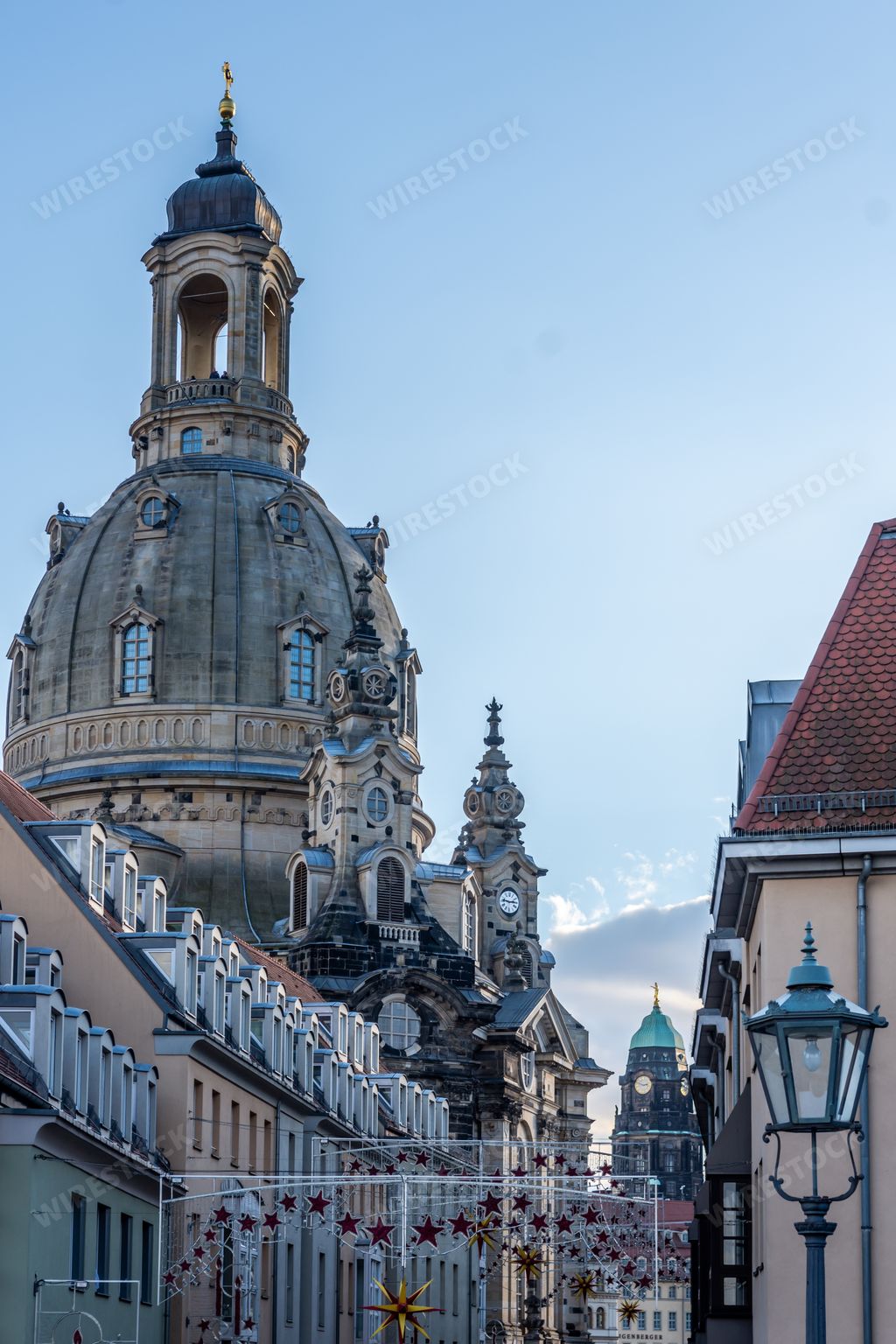 A vertical shot from a side of an external view of Lutheran Frauenkirche church in Dresden, Germany