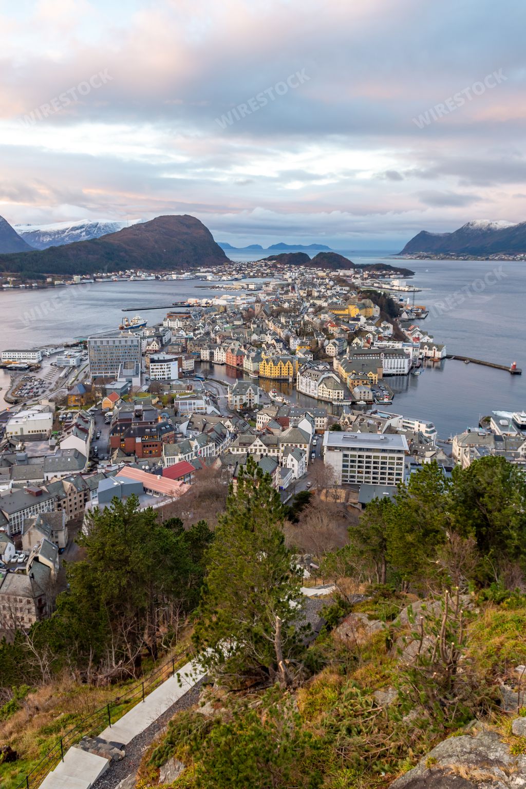 The view of the city of a Alesund, Norway on a cold day