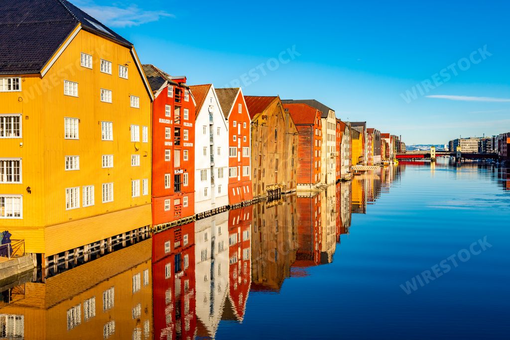 A beautiful view of the colorful houses near the Nidelva river in Trondheim Norway