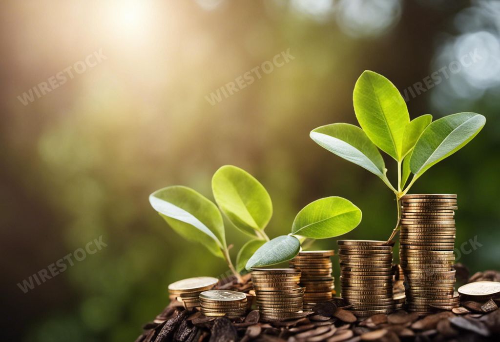 An AI generated illustration of A wooden stump with coins and plants arranged on top, illuminated by sunlight streaming in from the background