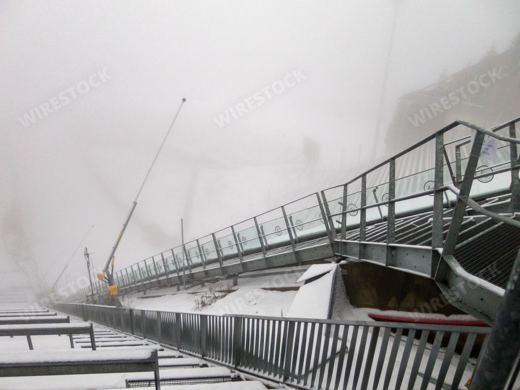 A closeup of the misty ski jump in Oslo, Norway.
