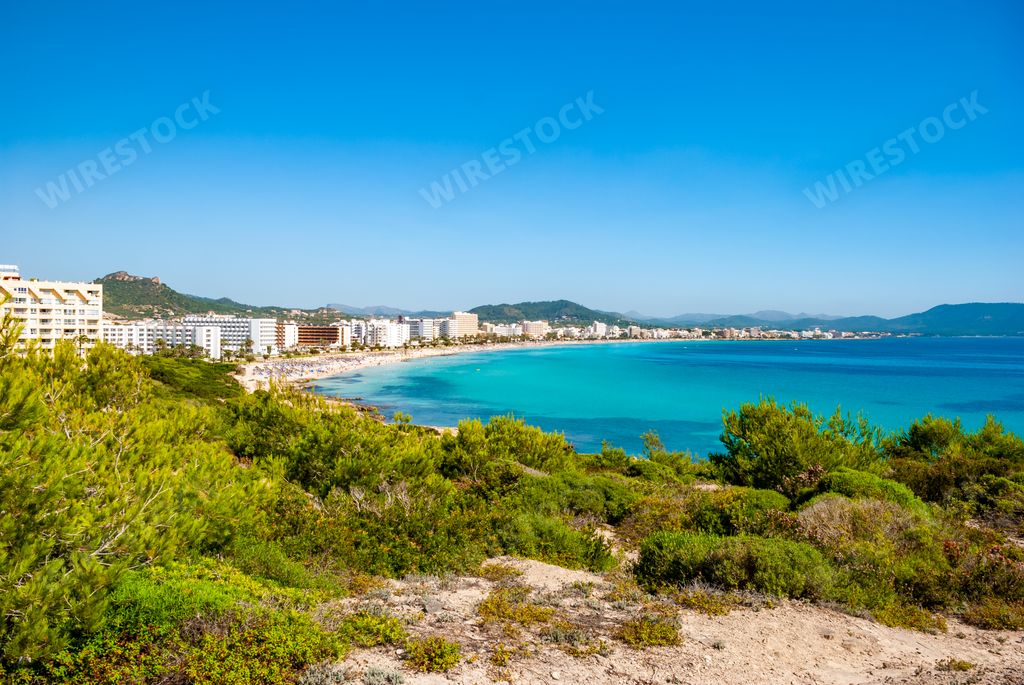 An aerial view of the town of Cala Millor, Majorca Spain