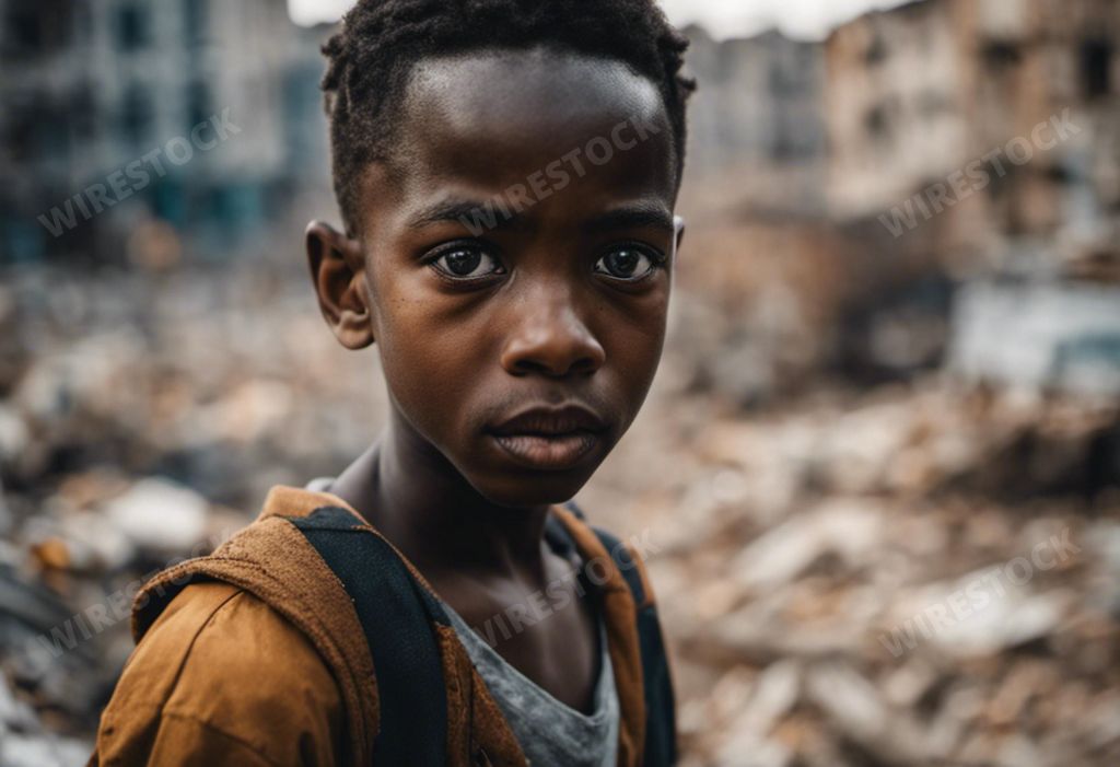 An AI generated illustration of a young african boy standing in a street setting with a forlorn expression on his face