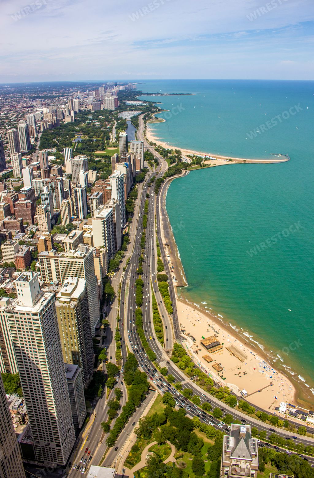 An aerial shot of a lakeshore of Lake Michigan in Chicago