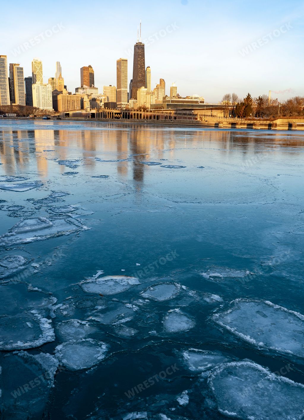 The Chicago view with frozen lake Michigan and ice pancakes in the foreground