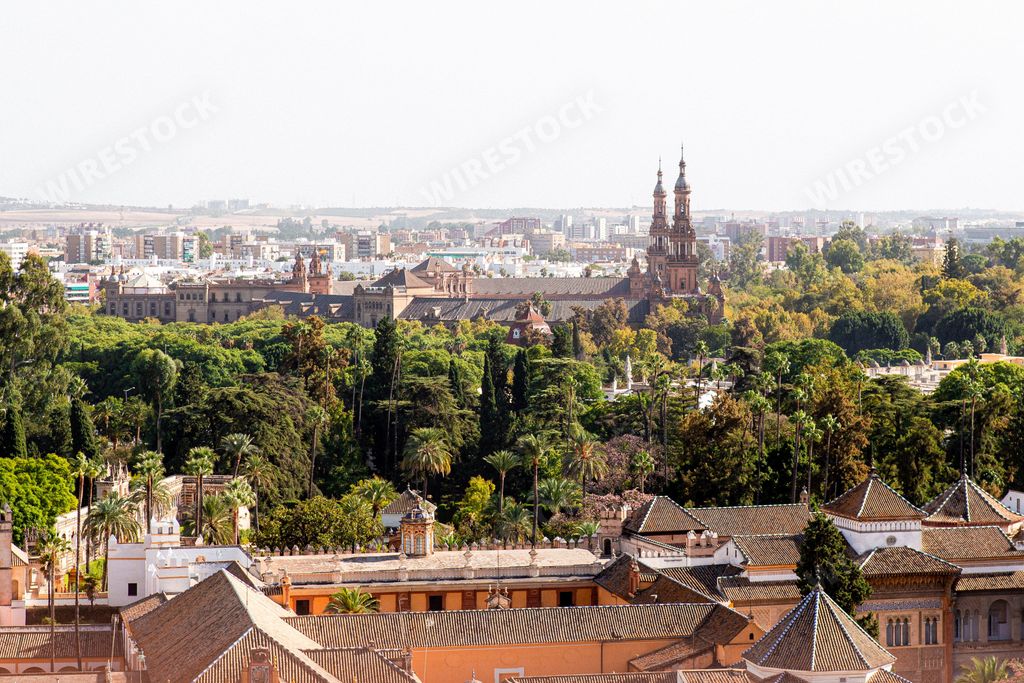 An aerial view of the historic royal Alcazar of Seville, Spain