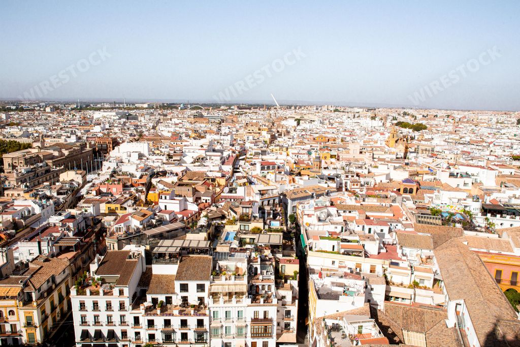 An aerial view of cityscape Seville surrounded by buildings