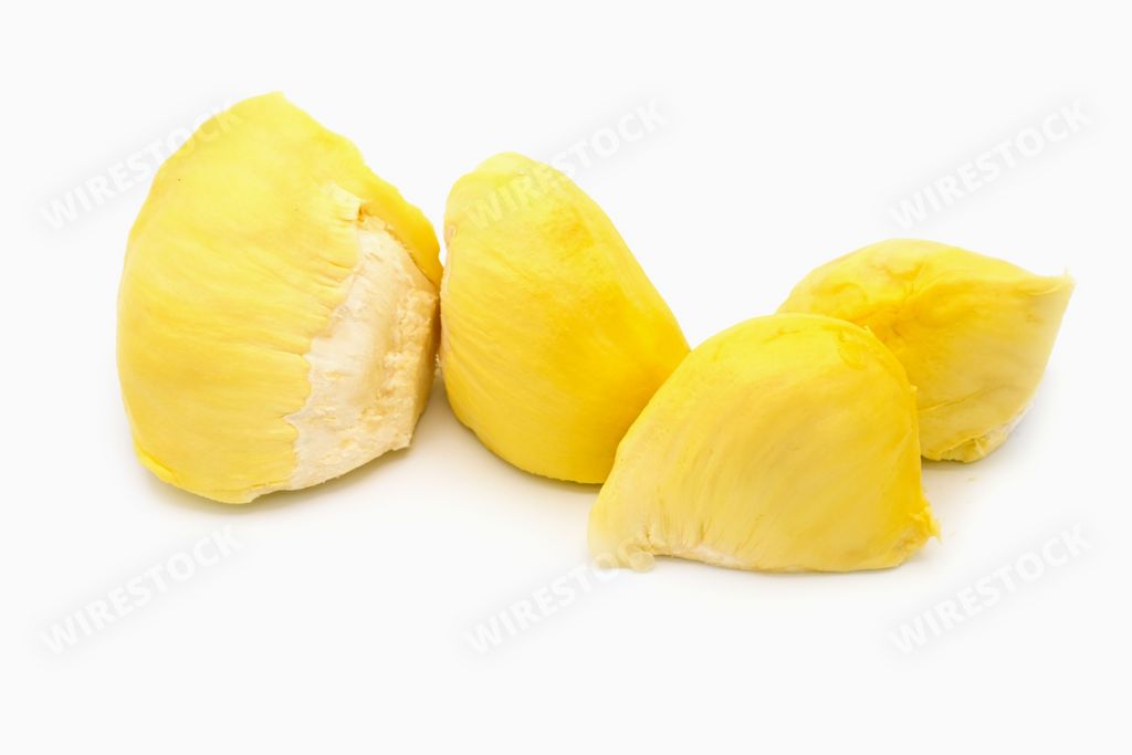 The close-up view of yellow durian fruits isolated on the whitbackground