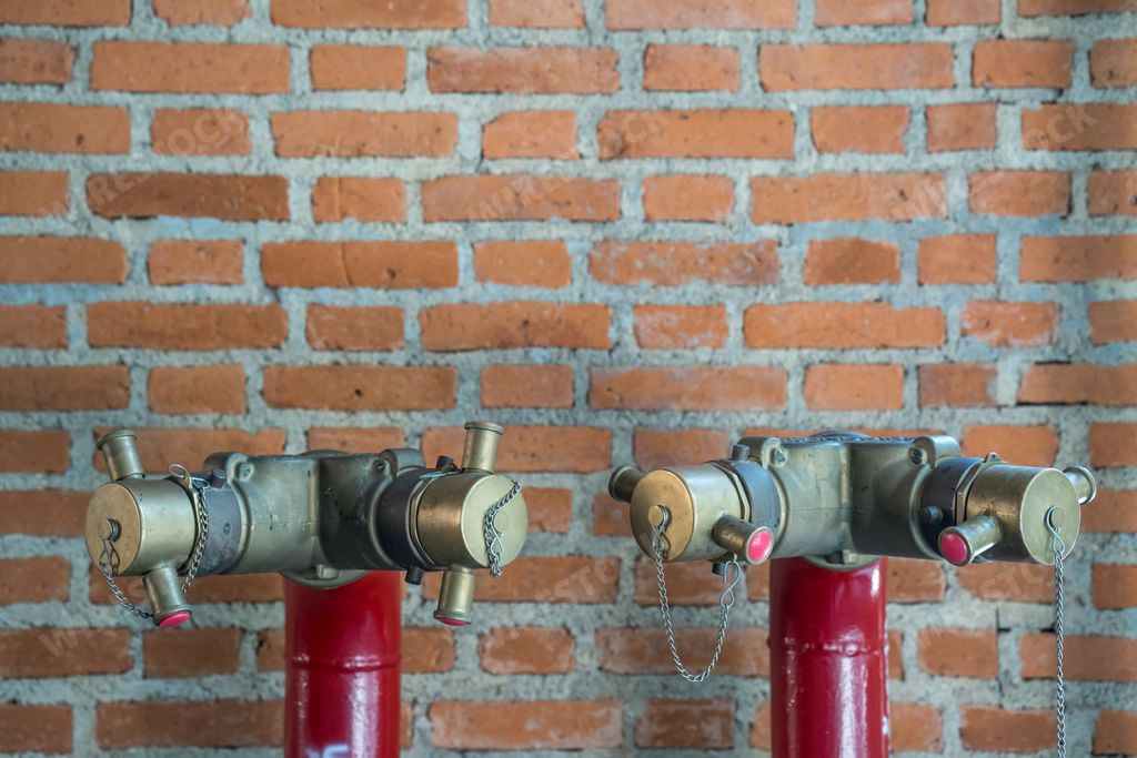 A closeup shot of two red fire hydrants near a brick wall