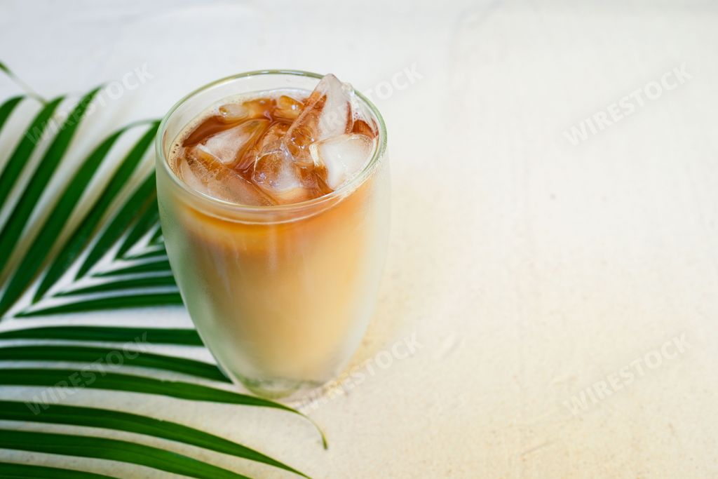 A closeup shot of a Palm Leaf with a cup of iced coffee on the sand