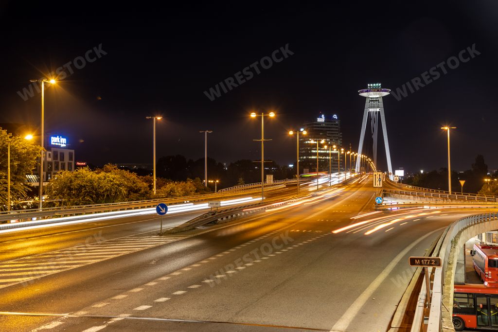 A beautiful night in the streets of Bratislava, Slovakia with the UFO Restaurant far in the back