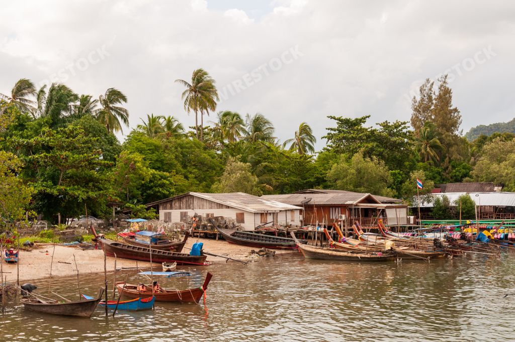 A port at the ocean shore with a green scenery at the beach in Ao Nang Krabi, Thailand, Asia