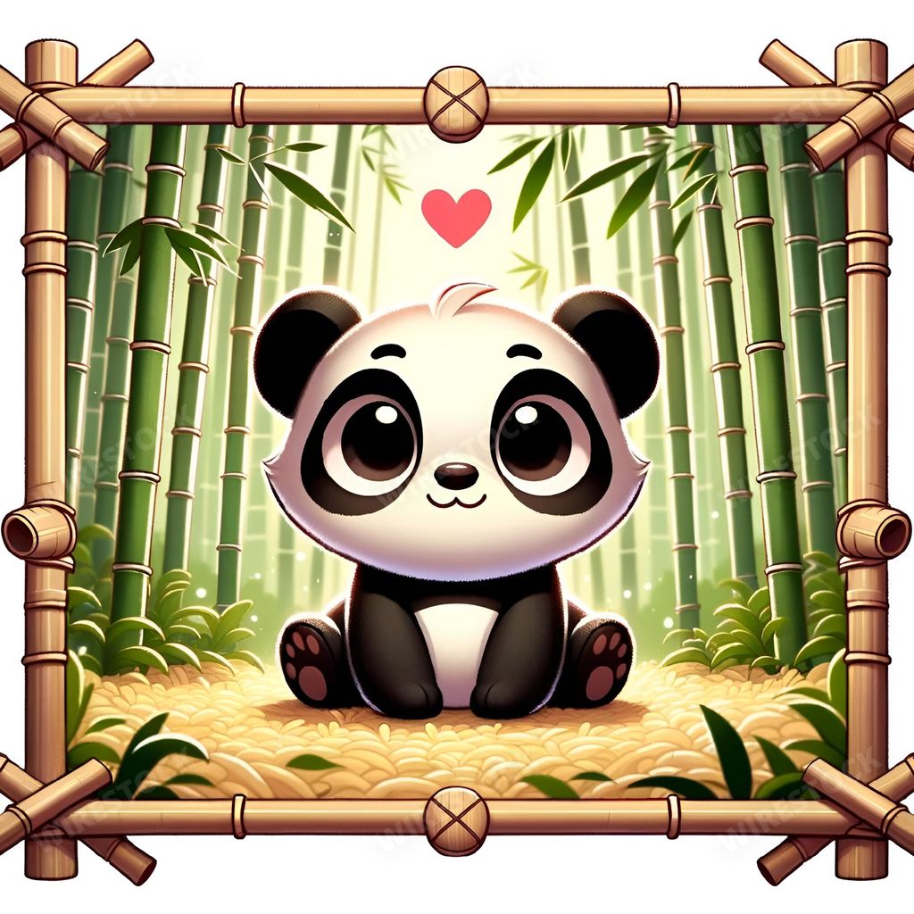 An AI generated illustration of a panda bear in front of a bamboo frame surrounded by lush trees