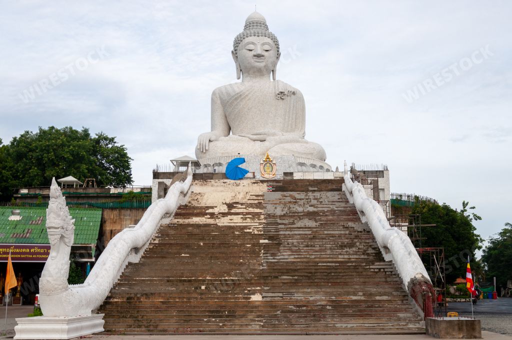 A low angle shot of the historic famous landmark called Big Buddha in Phuket island in Thailand