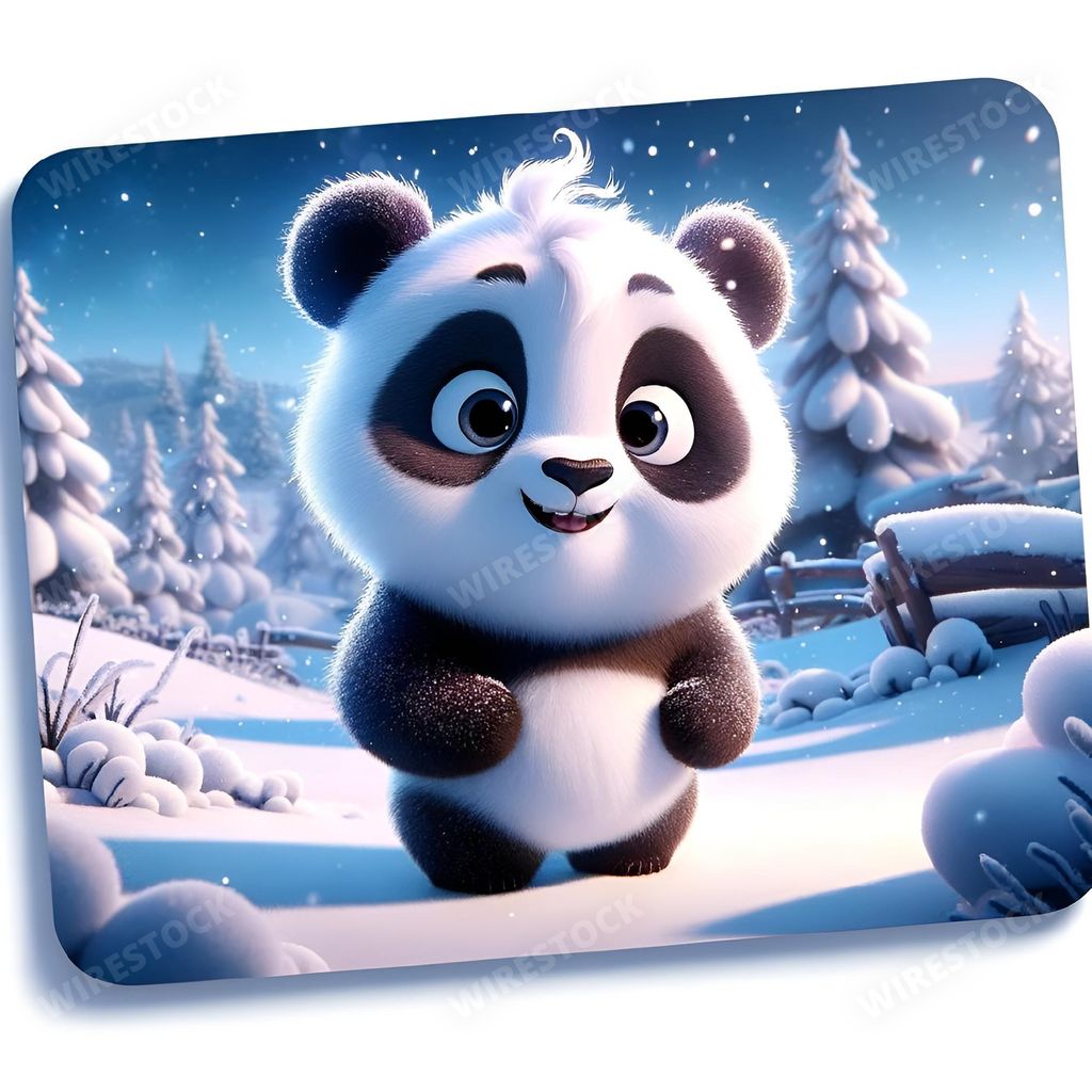 An AI generated illustration of a black and white panda bear standing in the snow