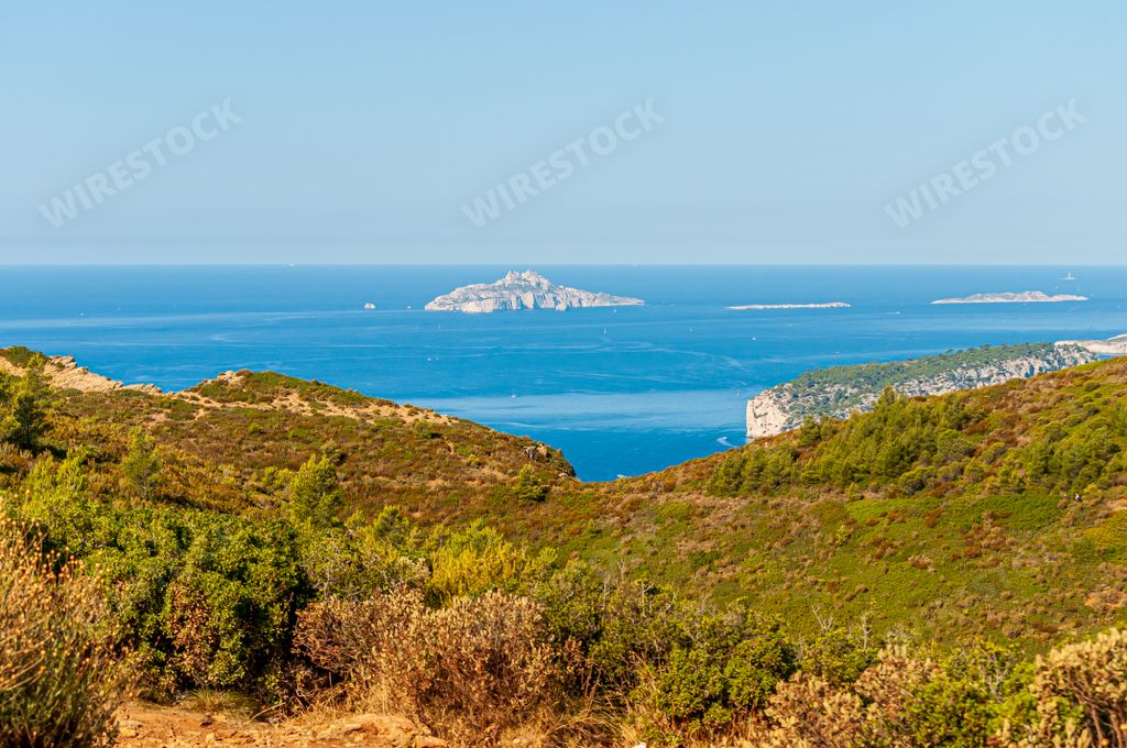 A scenic shot of the Calanques National Park with sea and mountain views in Marseille, France