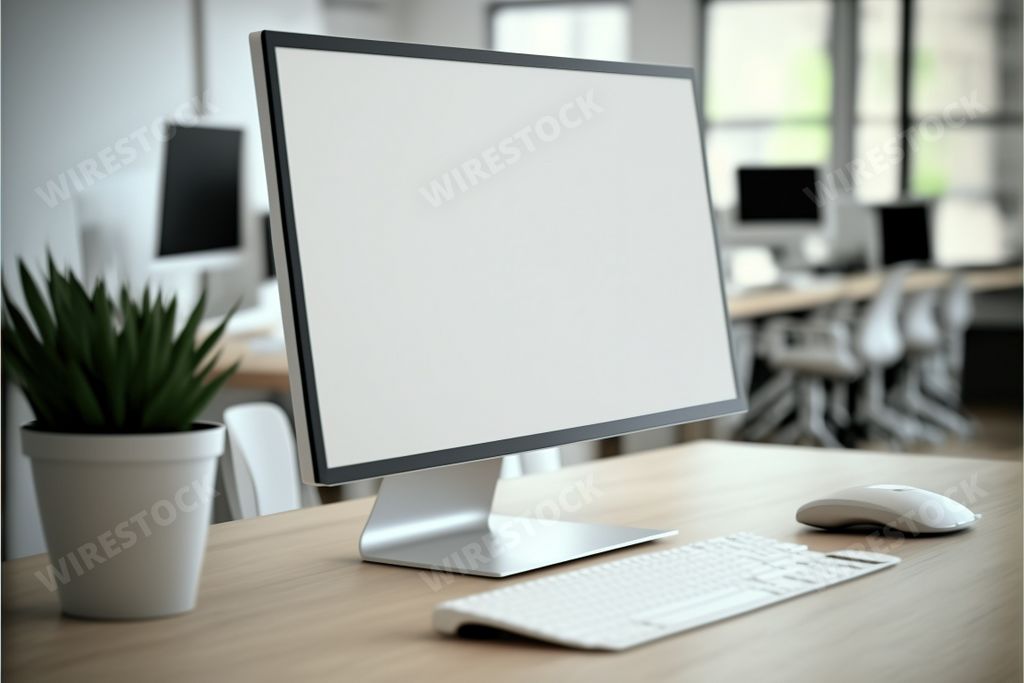 An AI-generated illustration of a computer with a blank space desktop laid on a table
