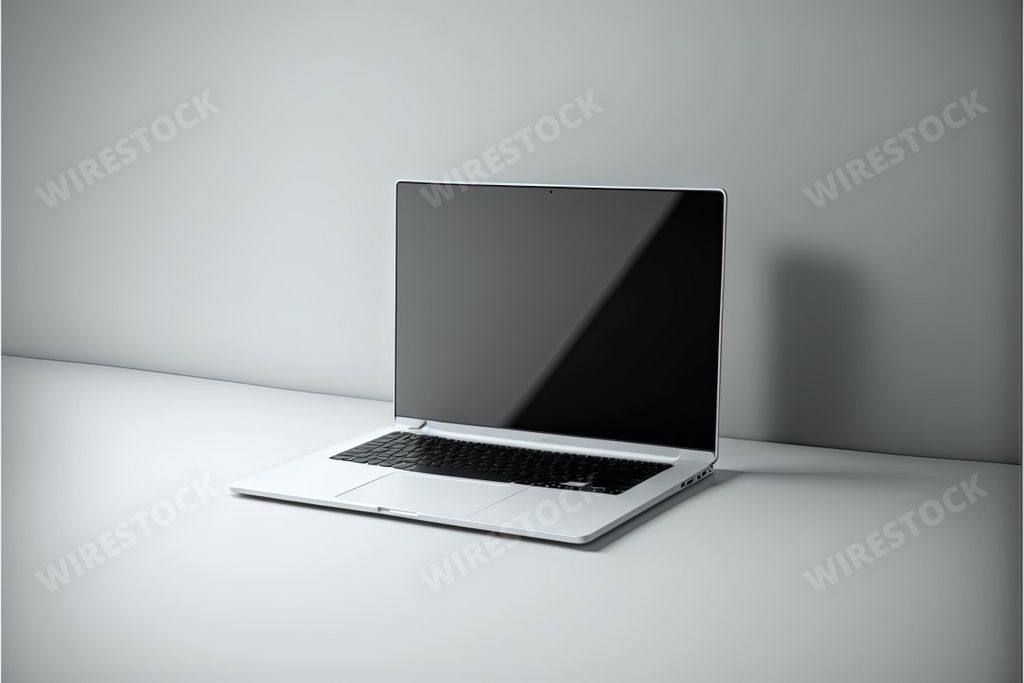 An AI-generated illustration of laptop with a blank space desktop laid on a grey flat surface