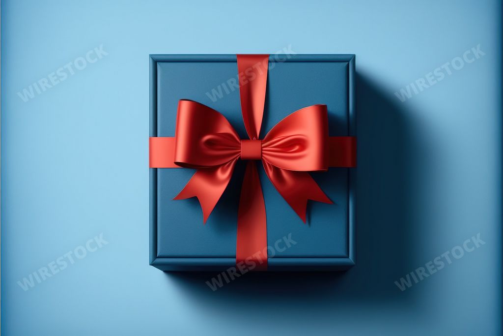 An AI generated illustration of a gift box with red ribbon on a blue background