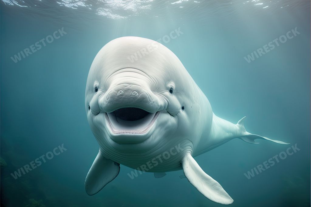 An AI generated illustration of a white beluga whale smiling