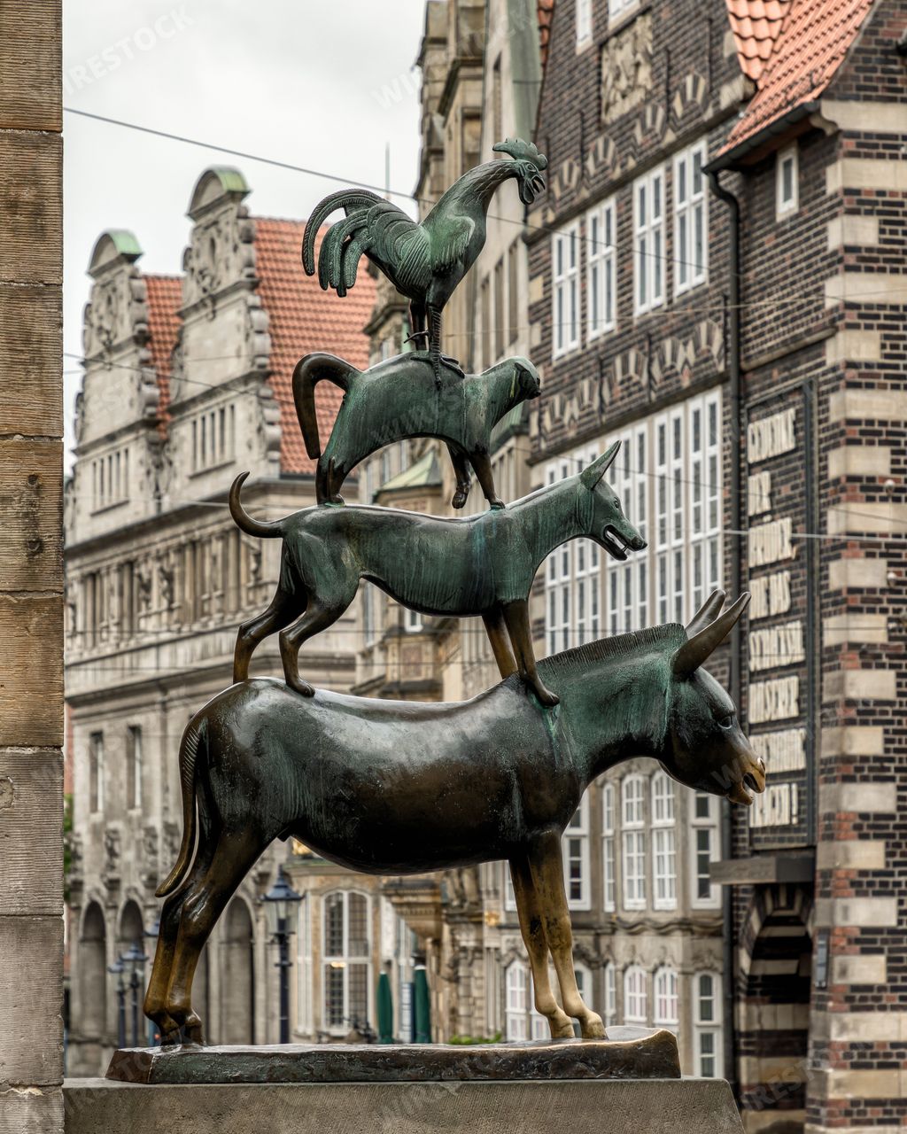 The Town Musicians of Bremen bronze landmark in Bremen, Germany.