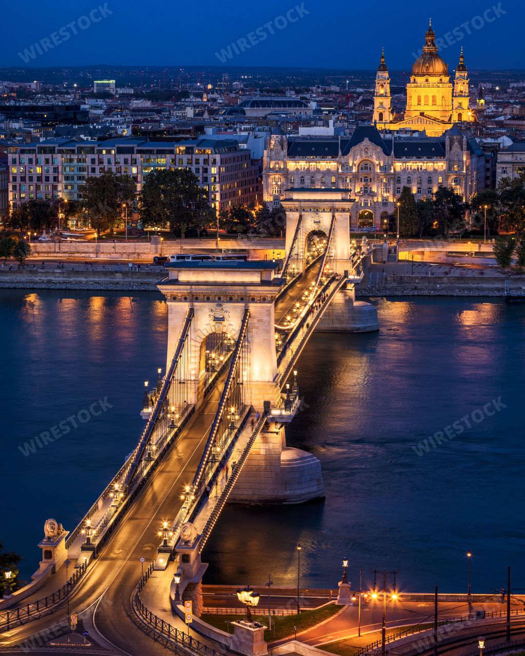 An aerial view of Chain Bridge in Budapest, Hungary, with the St Stephen's Cathedral in the background