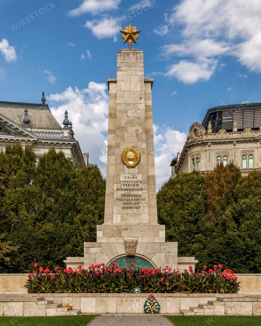 A monument dedicated to Soviet soldiers in Budapest, Hungary, on a sunny day