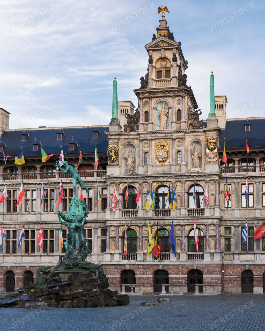 A closeup of City Hall of Antwerpen, Flanders, Belgium at the sunrise