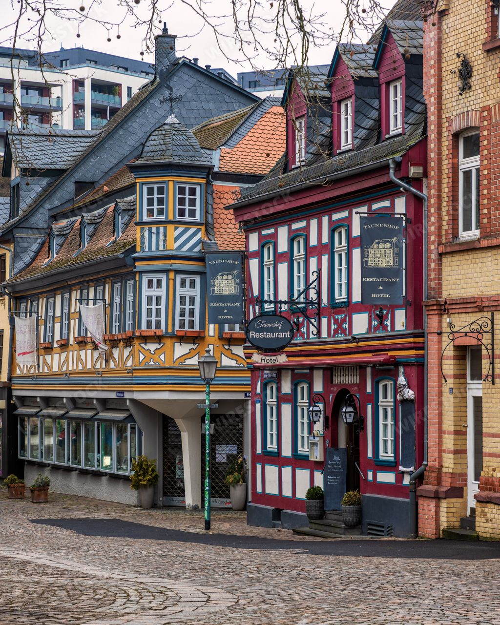 A vibrant street scene with colorful buildings in the German fairytale Idstein, Hesse at the daytime
