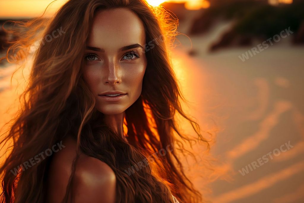 An AI-generated illustration of a woman posing at a beach during a sunset