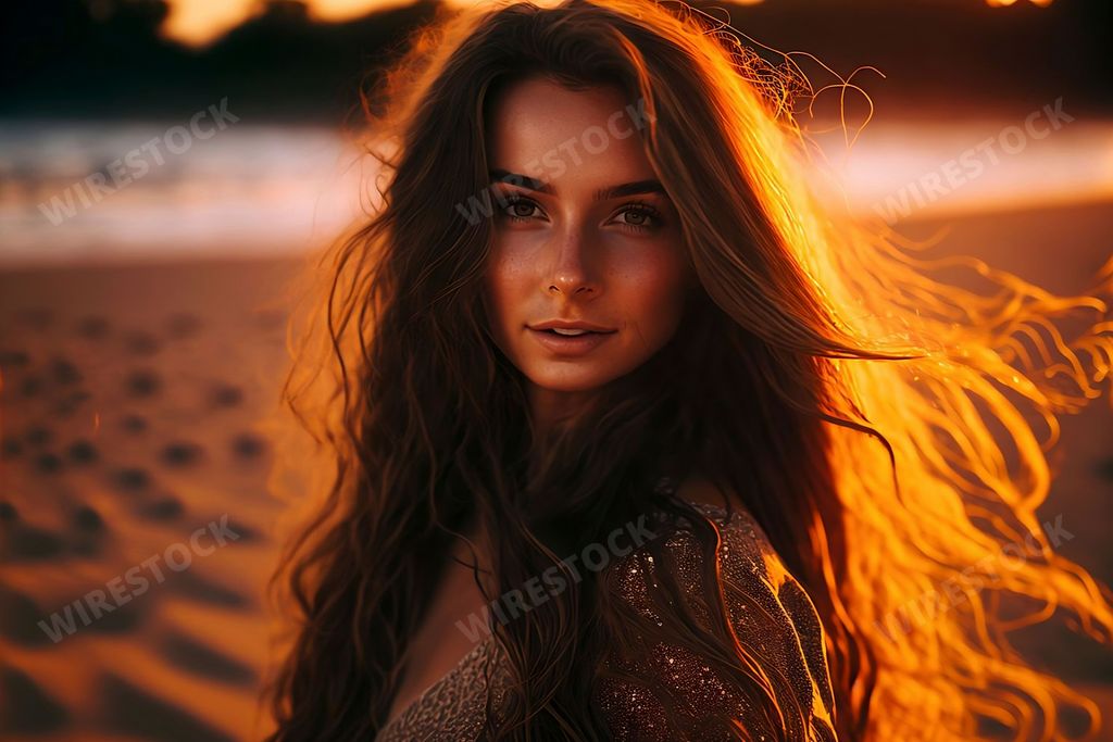 An AI-generated illustration of a woman posing at a beach during a sunset
