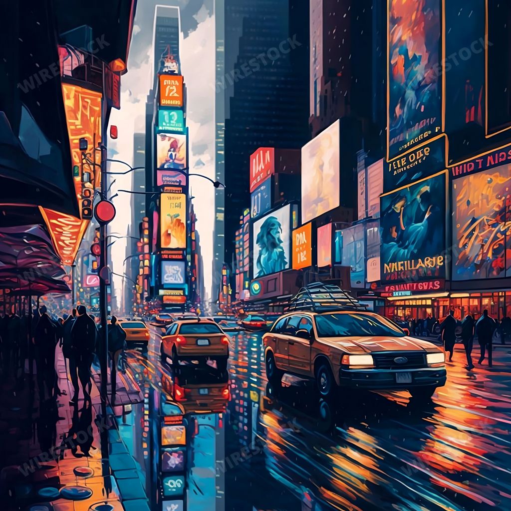 An AI generated illustration of a beautiful rainy day with cars and people in Times Square, New York
