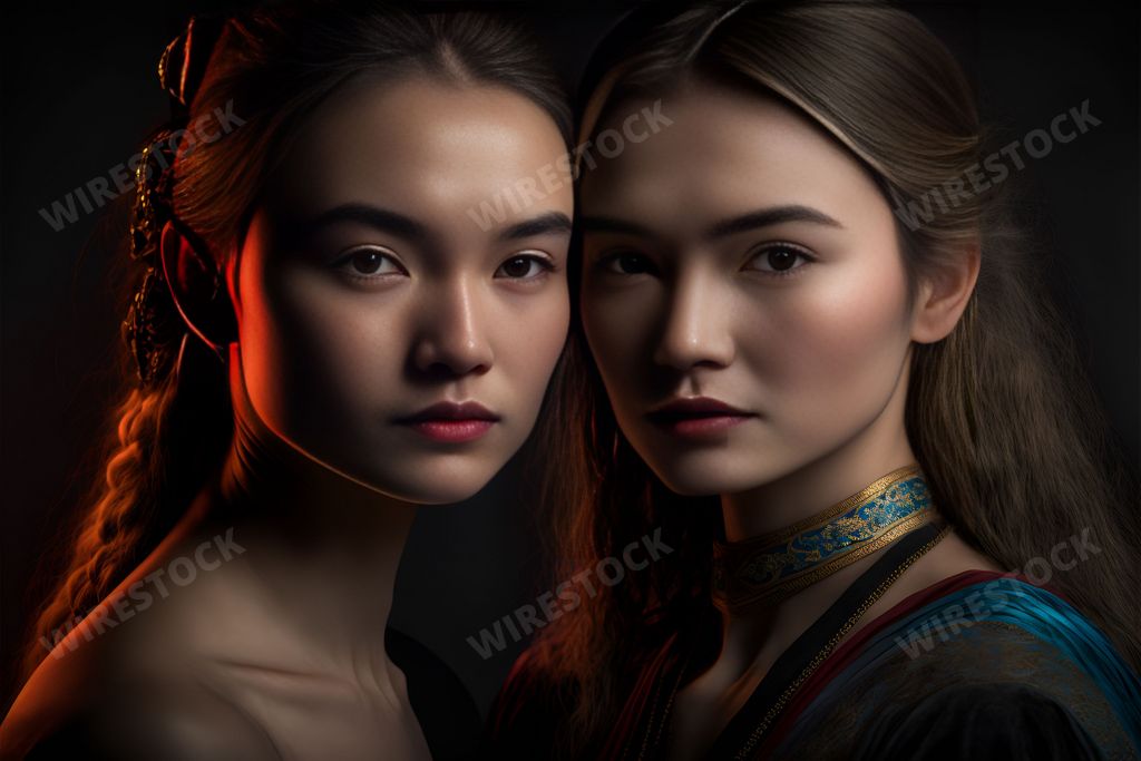An AI generated illustration of two different beautiful females posing on a black background