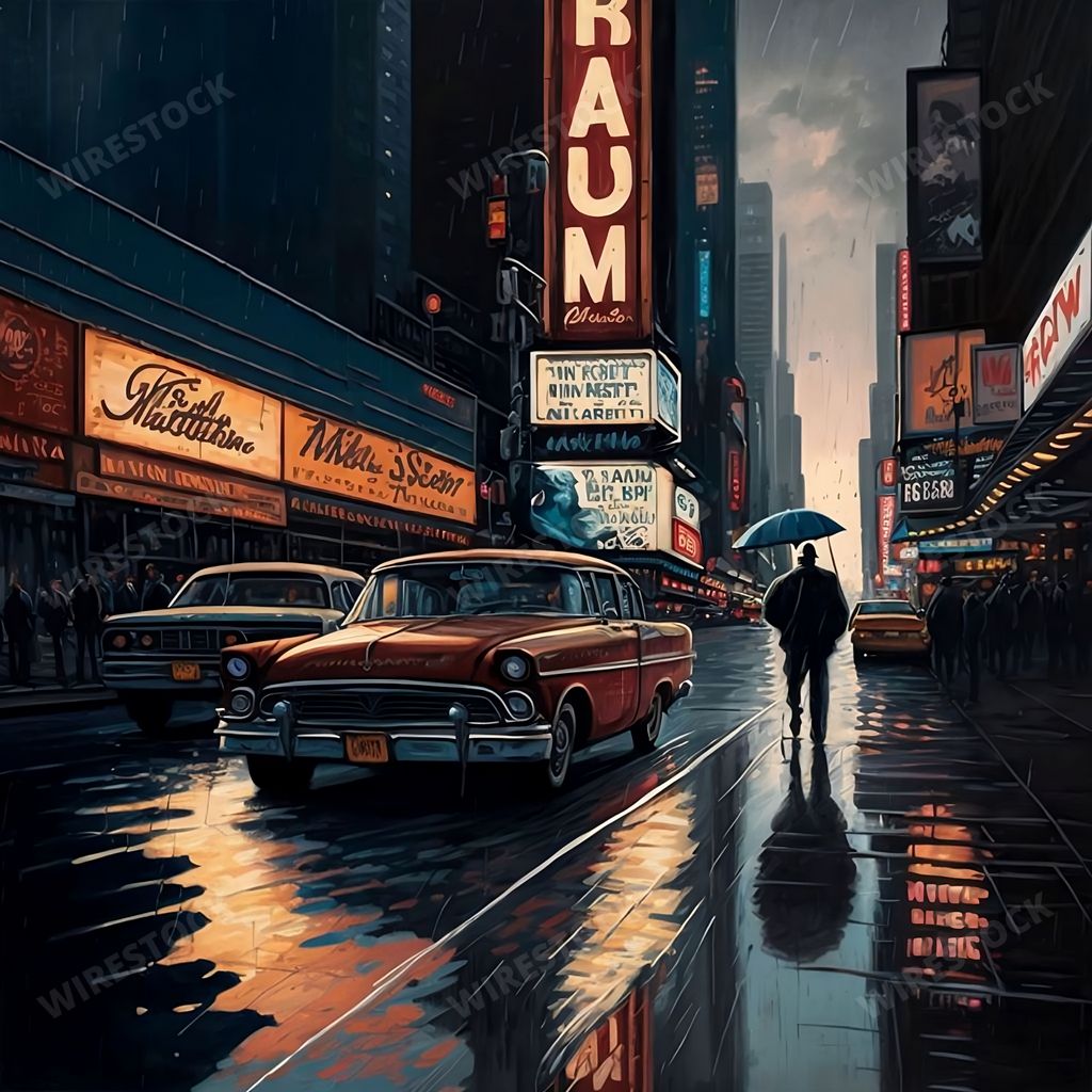 An AI generated illustration of a beautiful rainy day with cars and people in Times Square, New York