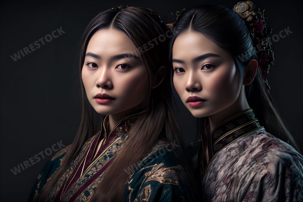 An AI generated illustration of two beautiful Asian females in traditional outfits posing dramatically
