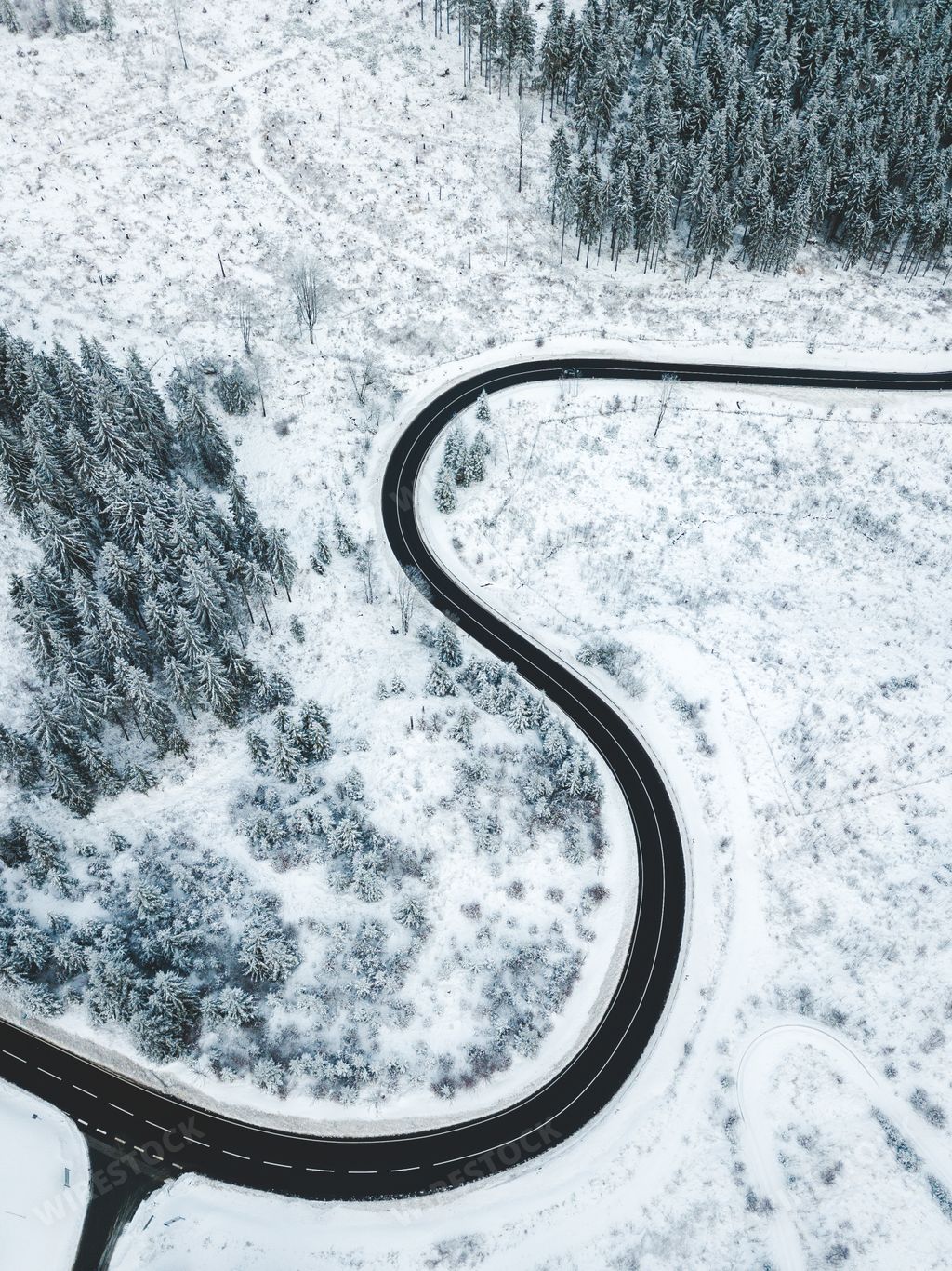 Aerial photo of a curvy road going trough the snowy forest.